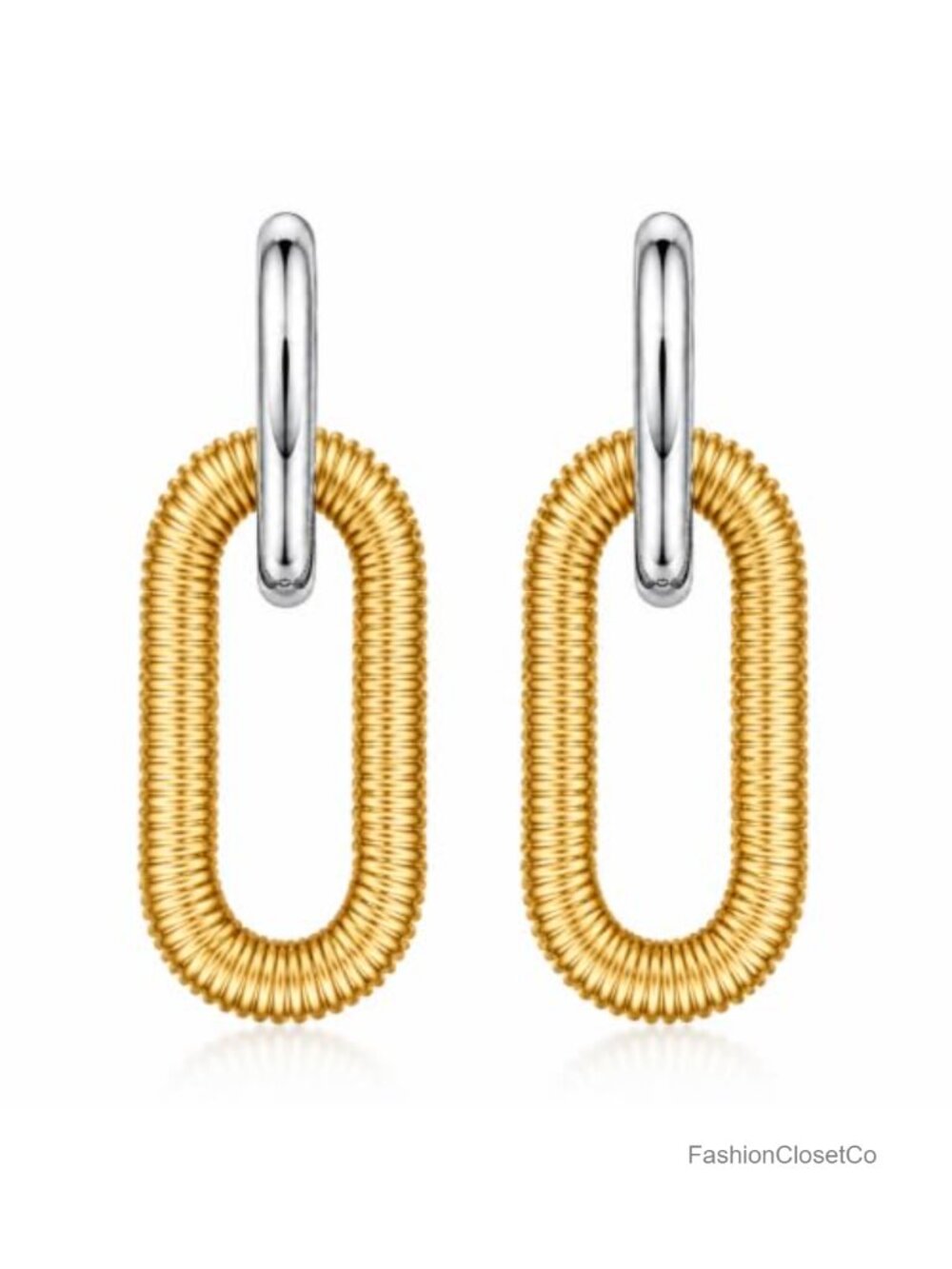 Two Tone Hoop Drop Earrings Ribbed Oval Statement Earrings for Women
